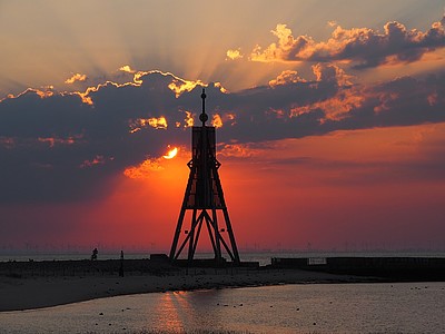 Kugelbake bei Sonnenuntergang