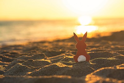 Osterhase sitz im Sand am Strand