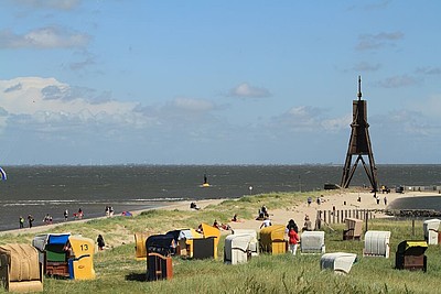 Blick über den Strand zur Kugelbake