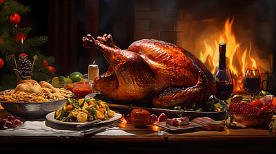 Das Bild zeigt einen gedeckten Tisch mit einer großen Weihnachtsgans und Beilagen. Im Hintergrund sieht man eine Ofenheizung, die die Atmosphäre im Bild gemütlich wirken lässt.