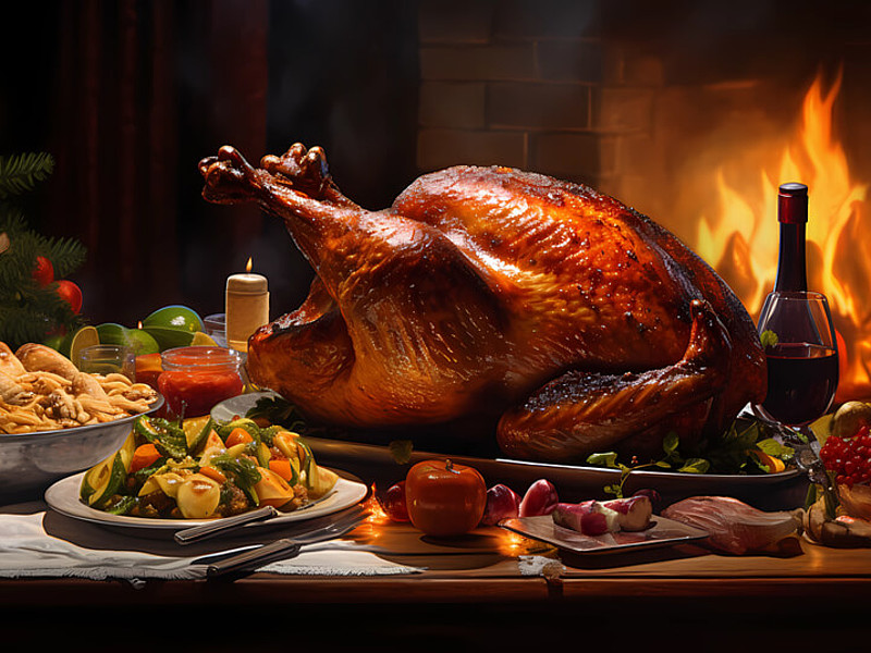 Das Bild zeigt einen gedeckten Tisch mit einer großen Weihnachtsgans und Beilagen. Im Hintergrund sieht man eine Ofenheizung, die die Atmosphäre im Bild gemütlich wirken lässt.