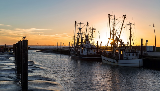 Kutterhafen in Wremen an der Nordsee bei Sonnenuntergang