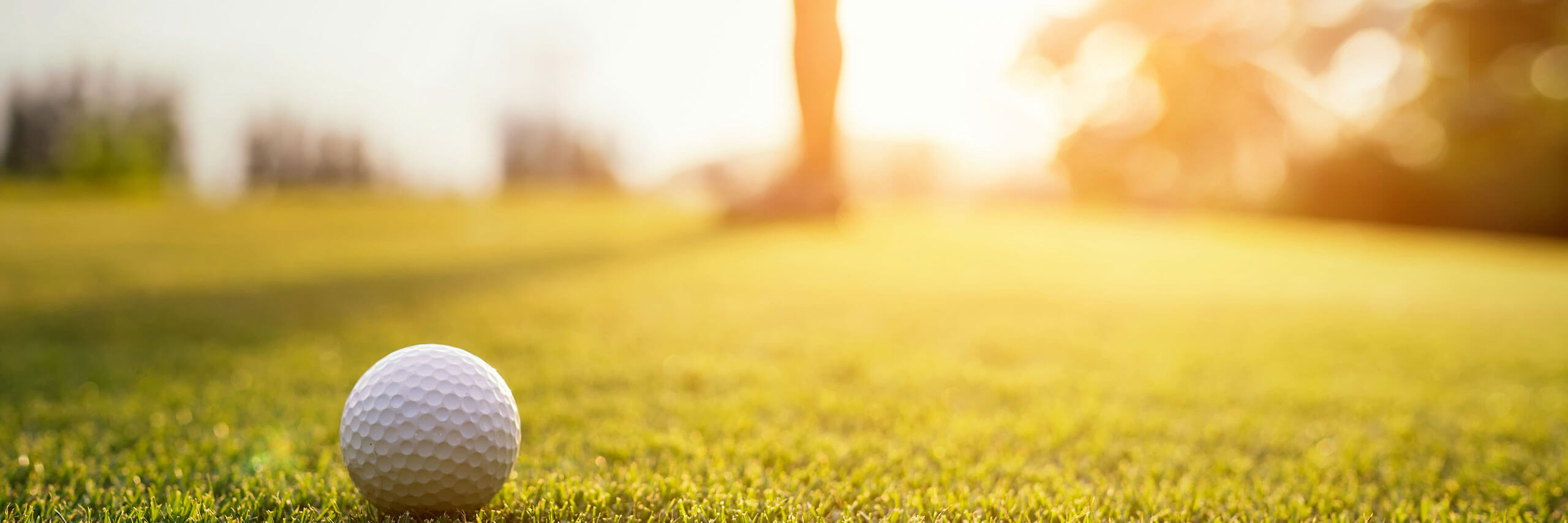Golfball liegt auf grünen Rasen eines Golfplatzes
