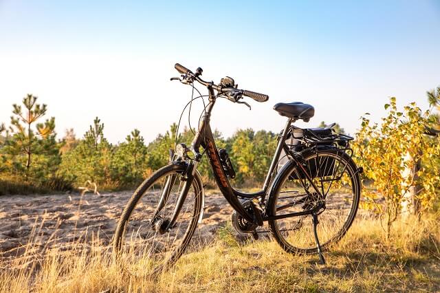 Fahrrad vor einem Feld bei Sonnenschein